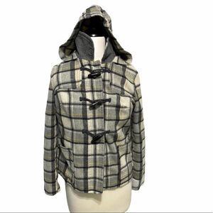 Old Navy Plaid Wool Winter Jacket With Hood Toggle‎ Jacket Gray Yellow Small